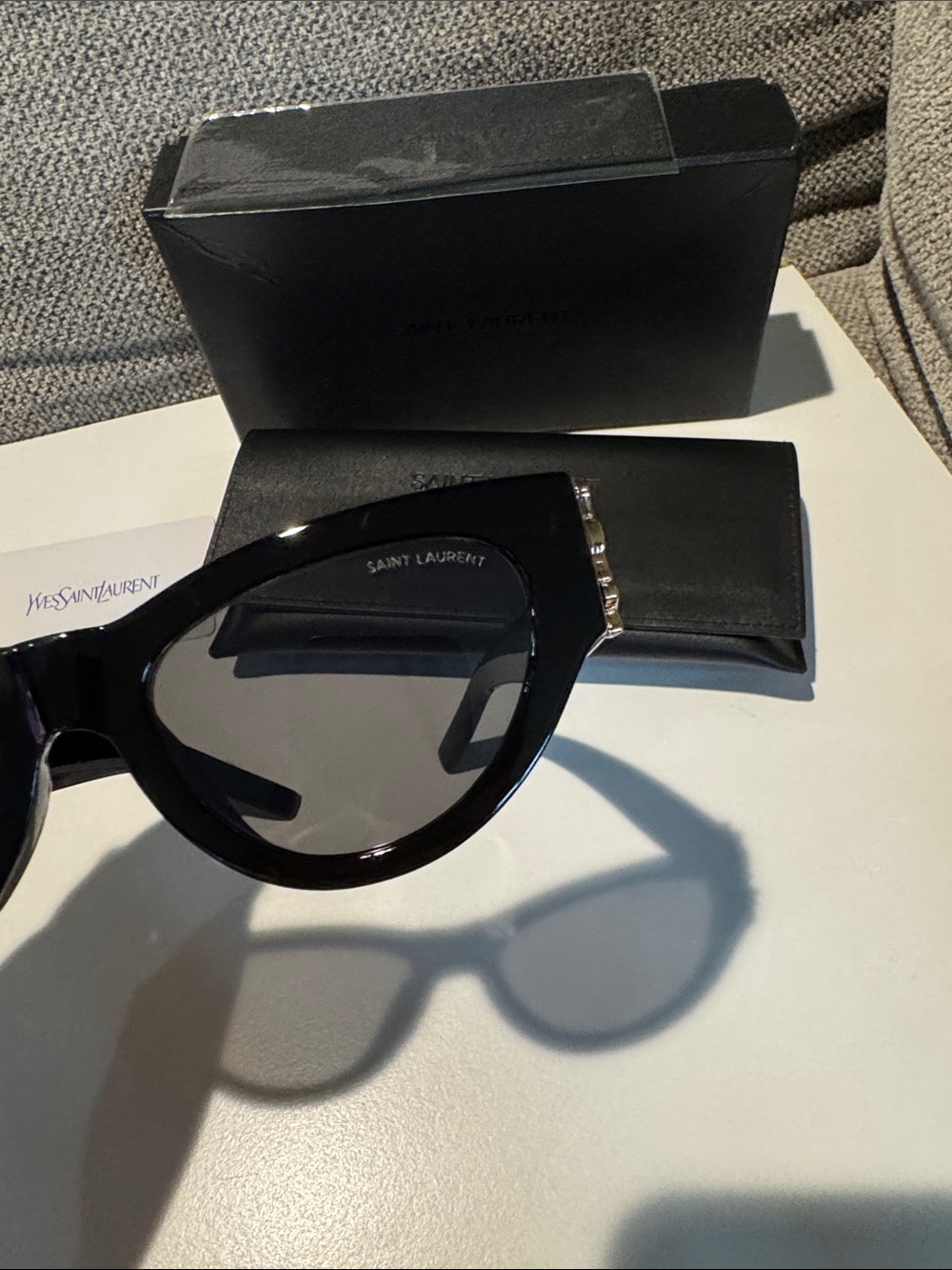 Saint Laurent Glossy Black Cat-Eye Sunglasses with Gold YSL Accent - Picture 3 of 7